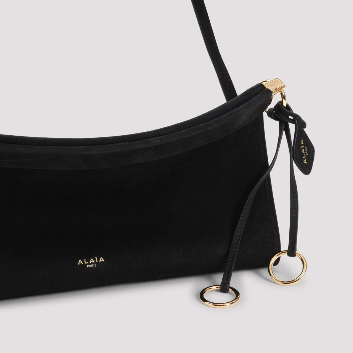 Curved Black Nabuk Calf Leather Shoulder Bag