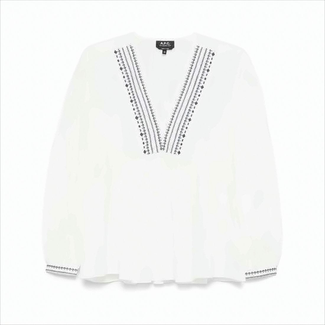 Flowing White Blouse with Blue Embroidery