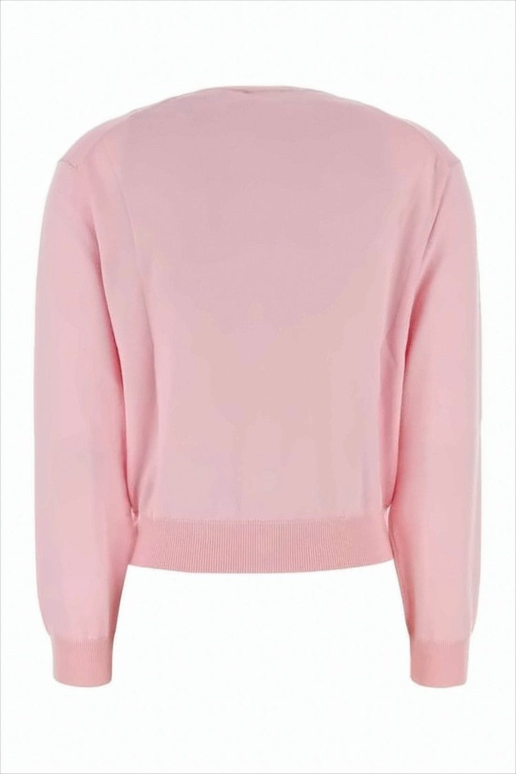 Cropped Soft Pink Wool Cardigan With Embroidered Rose Detail