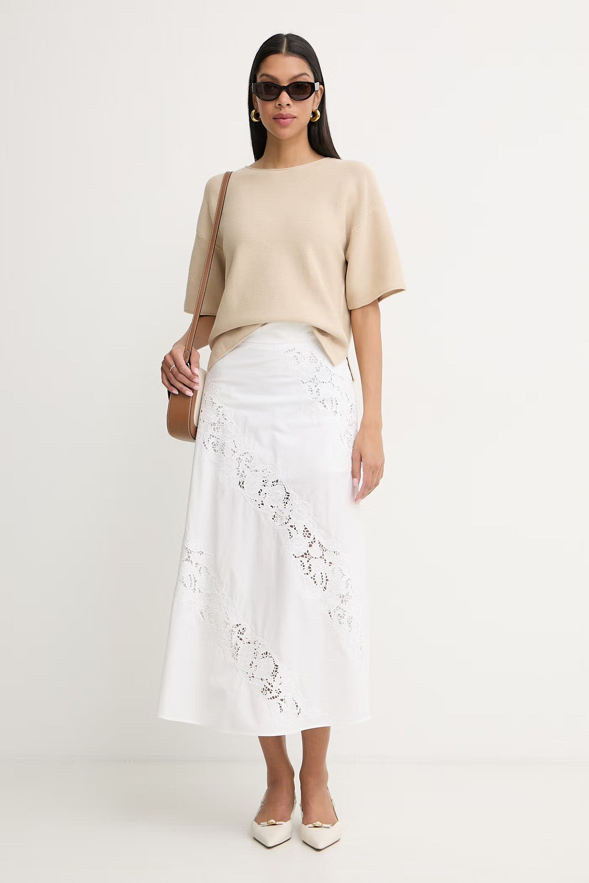 Midi A-line Skirt with Lace Inserts