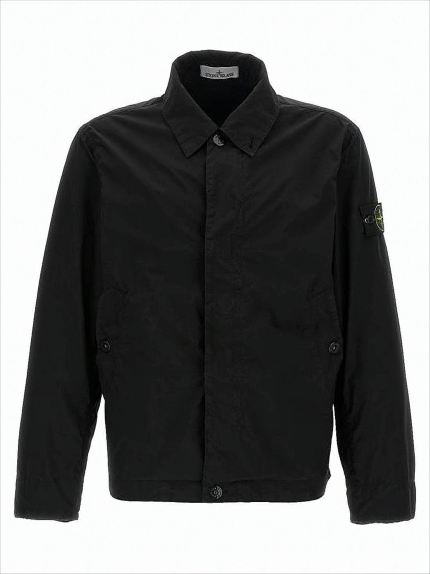 Black Casual Jacket with Classic Collar and Distinctive Patch