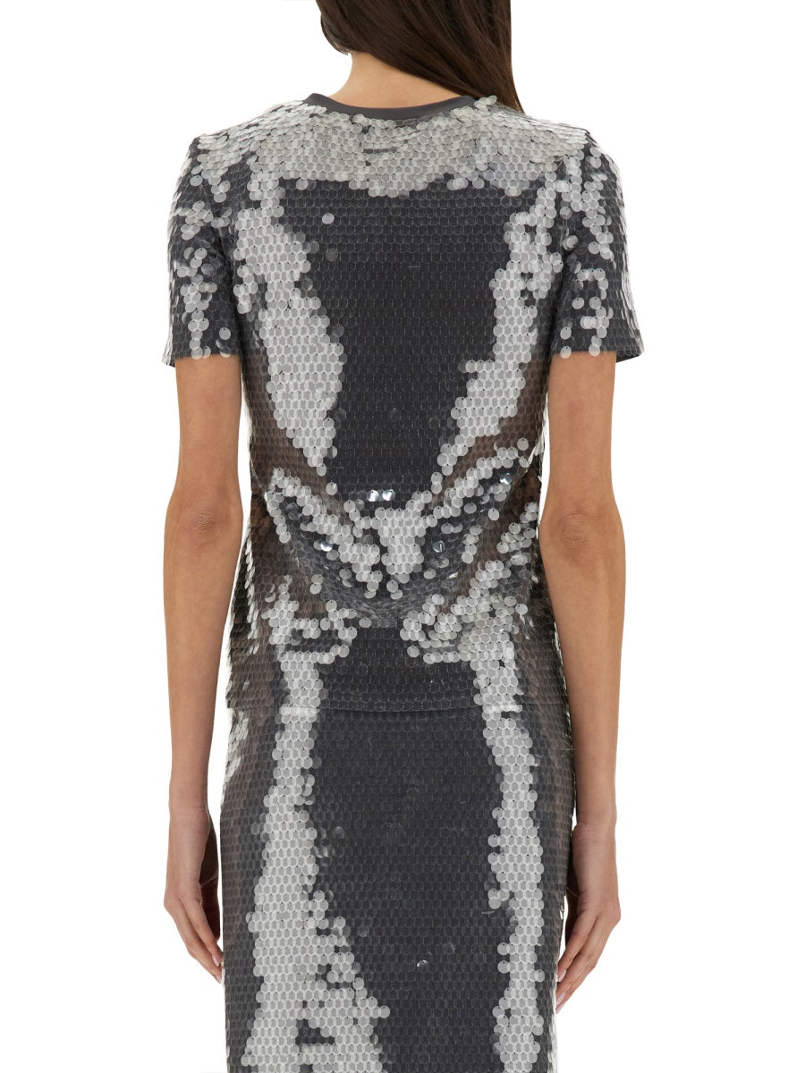 Gradient Sequined Fitted Top With Short Sleeves