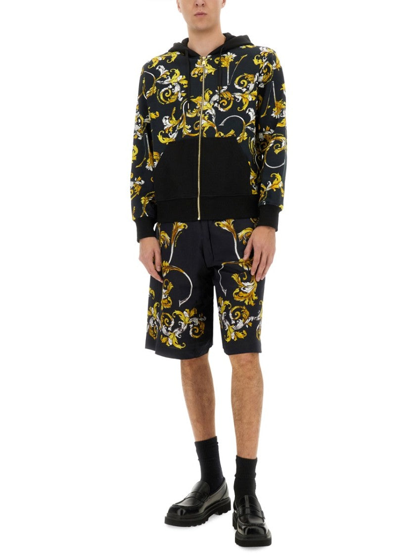 Floral Patterned Hoodie With Contrasting Black Accents