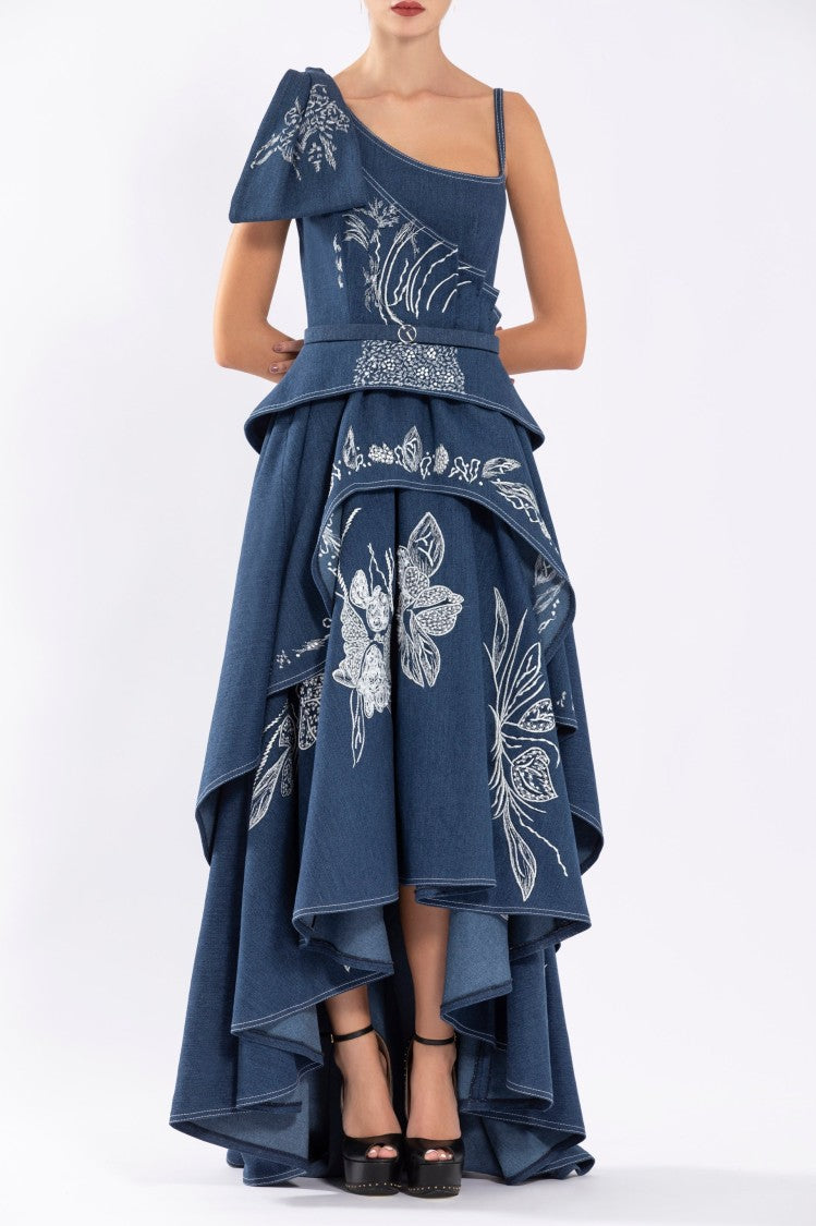 Denim Dress With Floral Embroidery