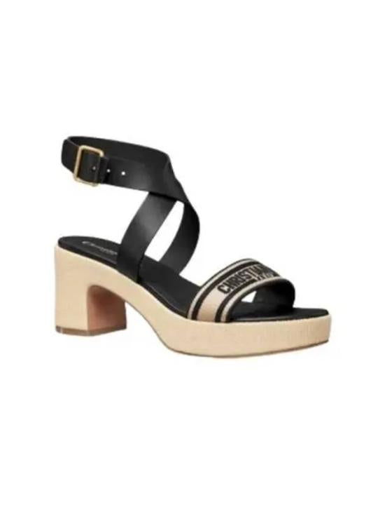 Mid-Height Block Heel Sandal with Gold Buckle and Fabric Accent