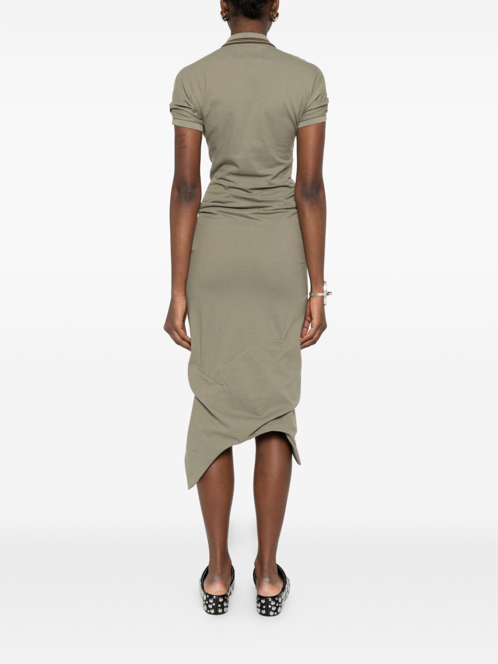 Fitted Green Midi Dress With Ruched Detailing And Polo Collar
