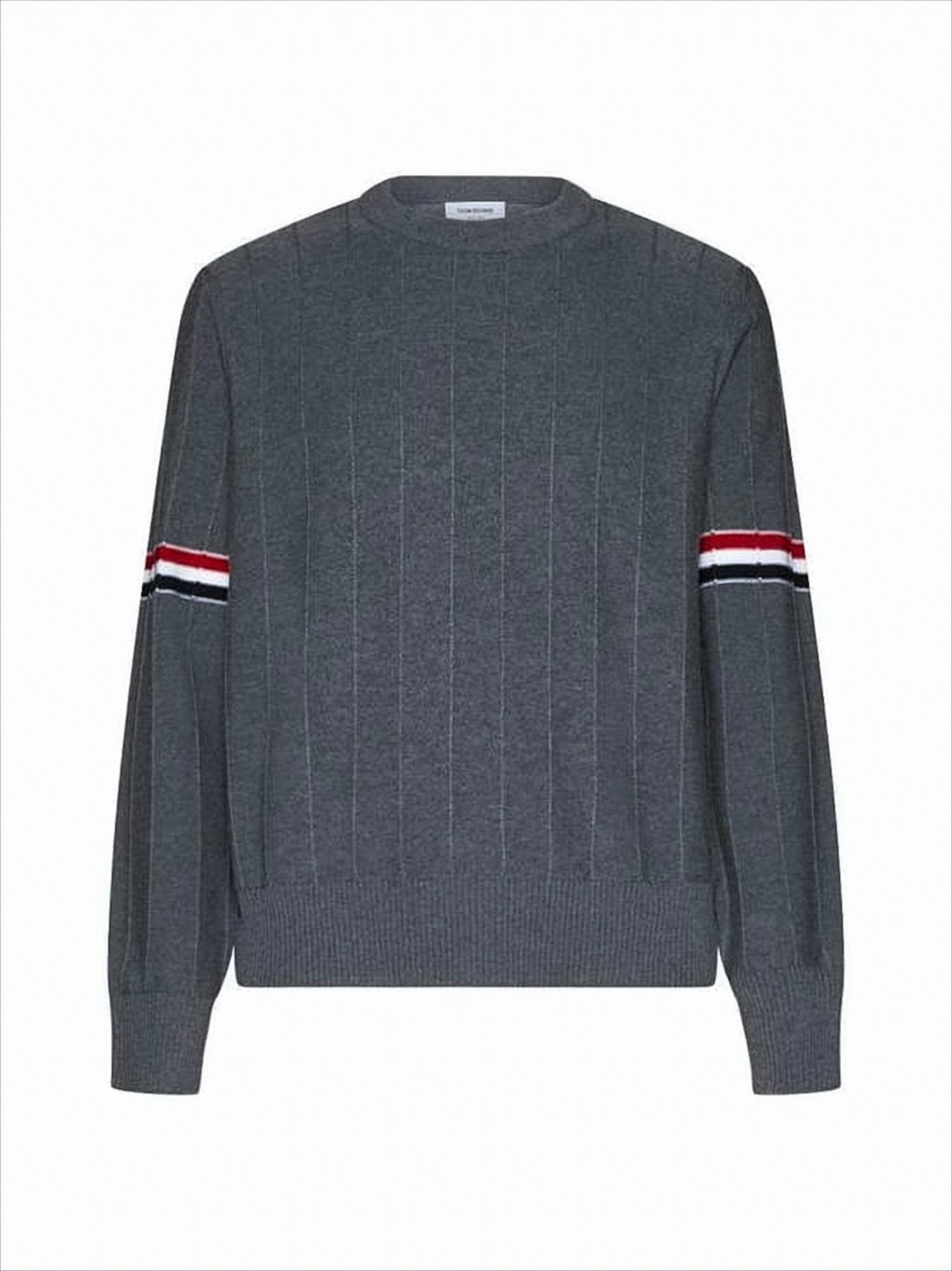 Boxy Grey Wool Sweater with Distinctive Horizontal Stripes