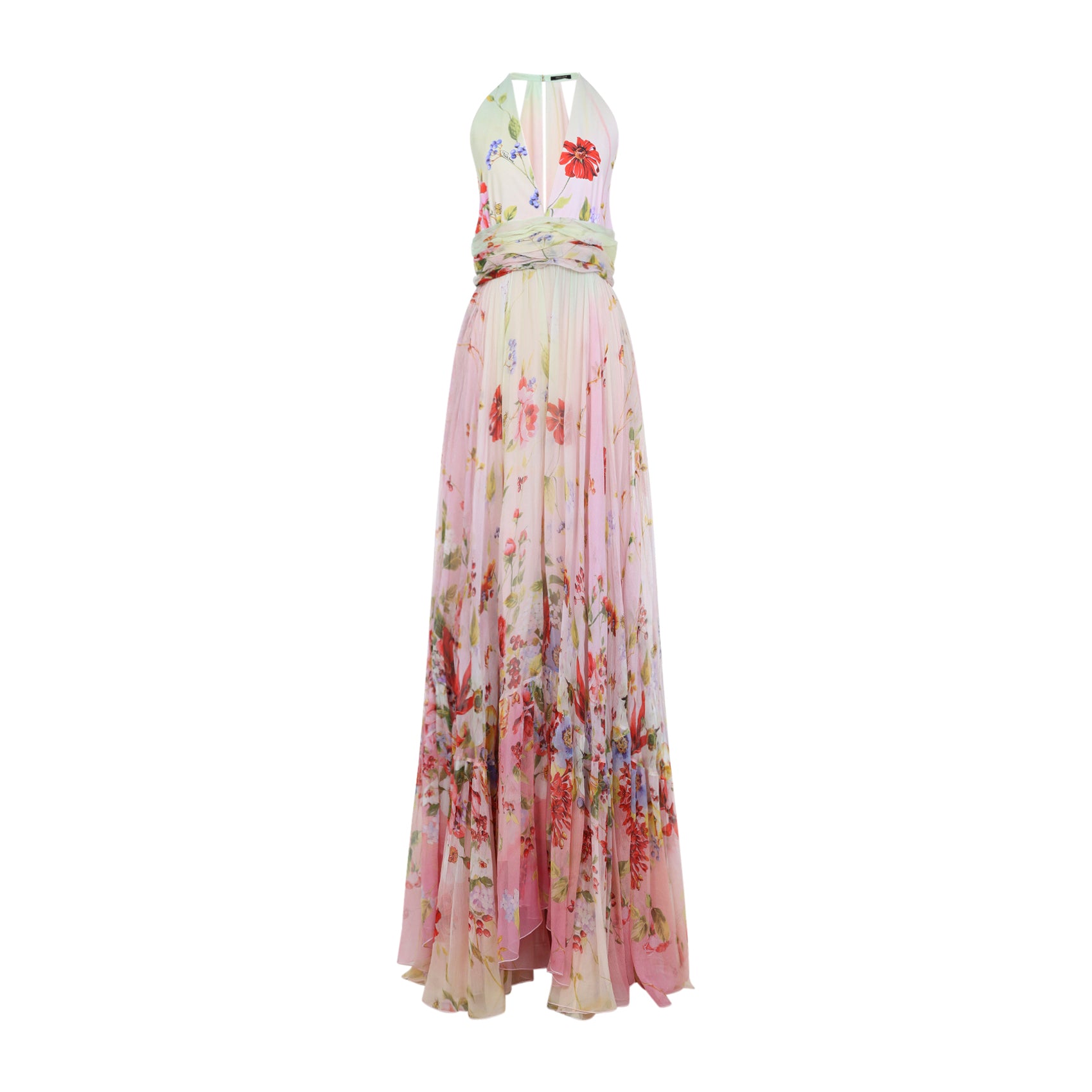 Silk Maxi Dress With Deep V-Neckline And Floral Print