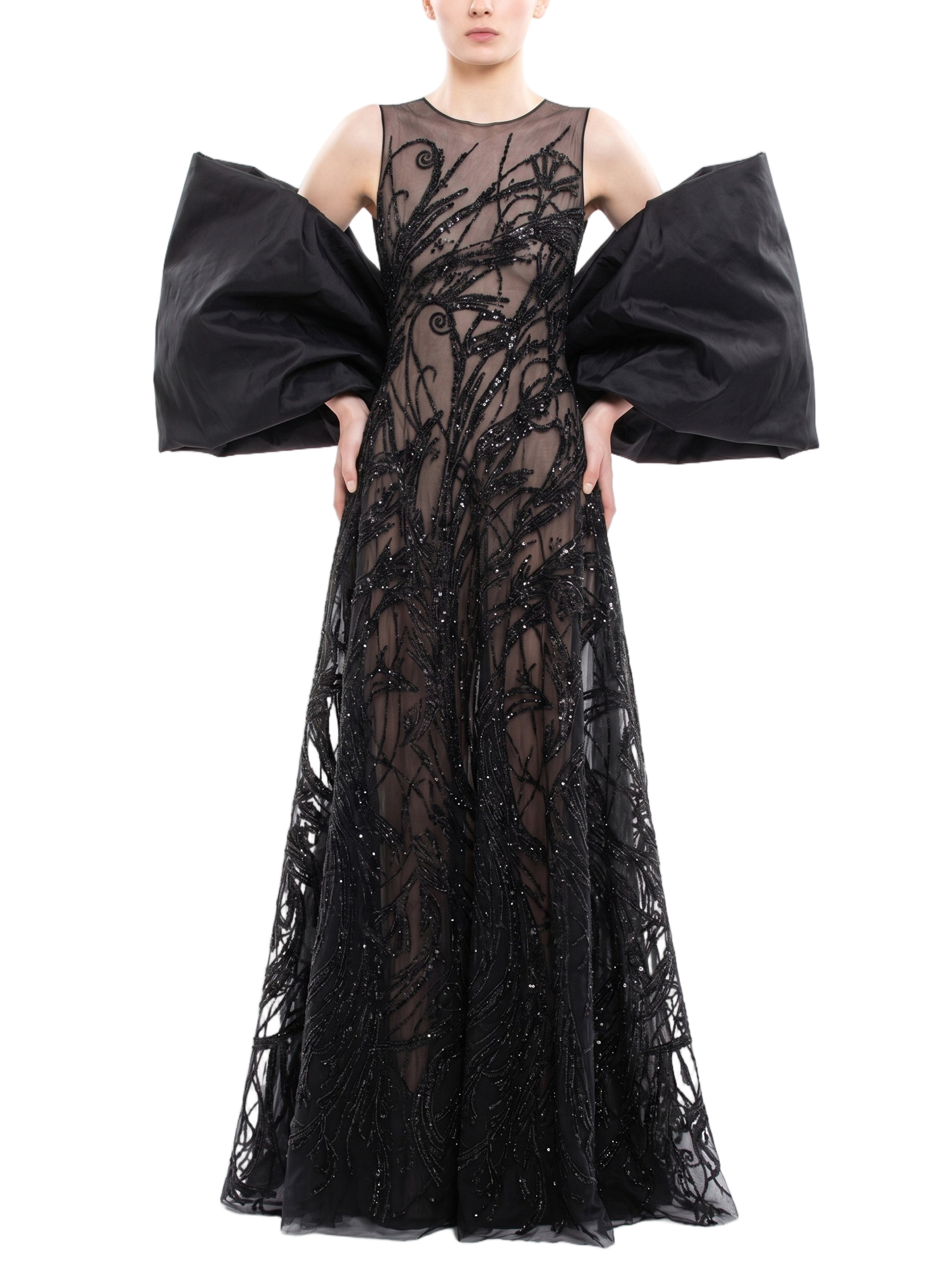 Bronze Tulle Evening Dress With Embroidery And Dramatic Cape