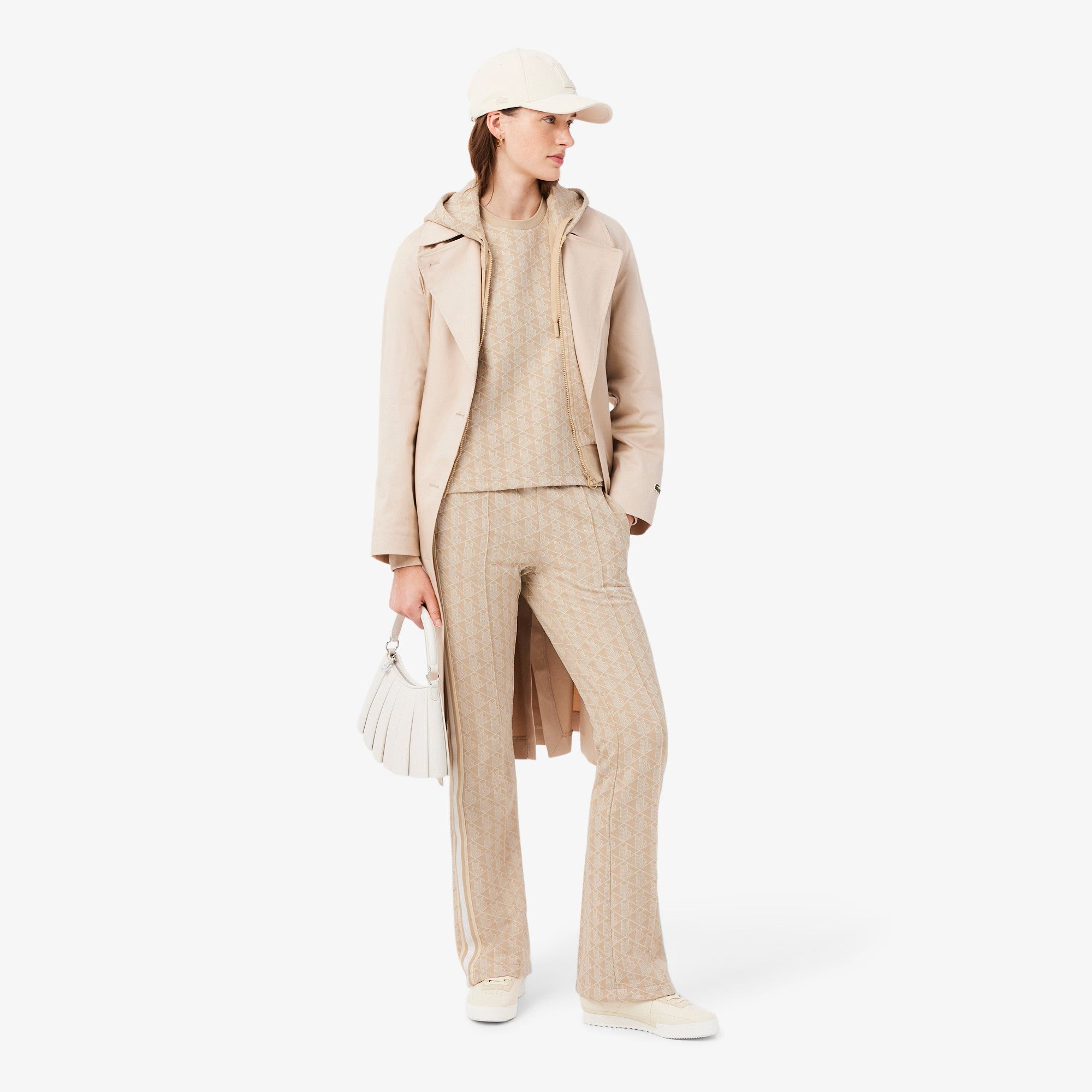 Beige Knit Wide-Leg Pants with Geometric Pattern