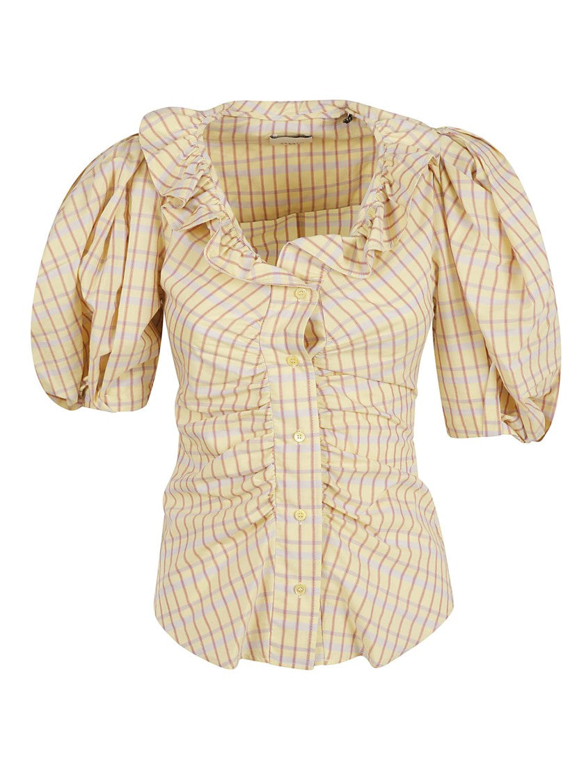 Ruffled Neckline Check Pattern Shirt