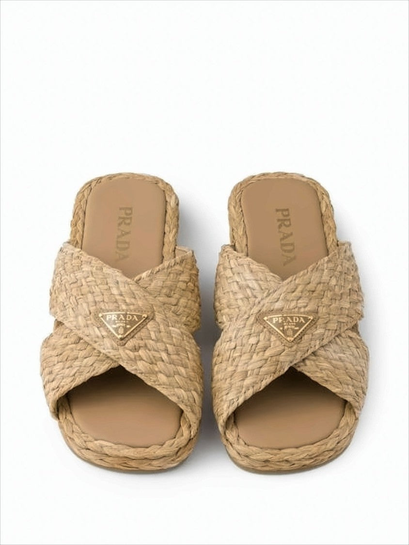 Woven Raffia Slip-On Mules With Triangular Logo Accent