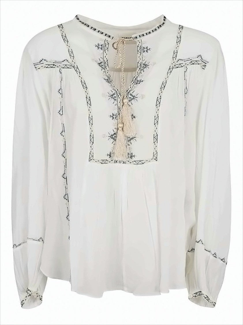 Relaxed-Fit White Shirt with Embroidery and Tassel Tie