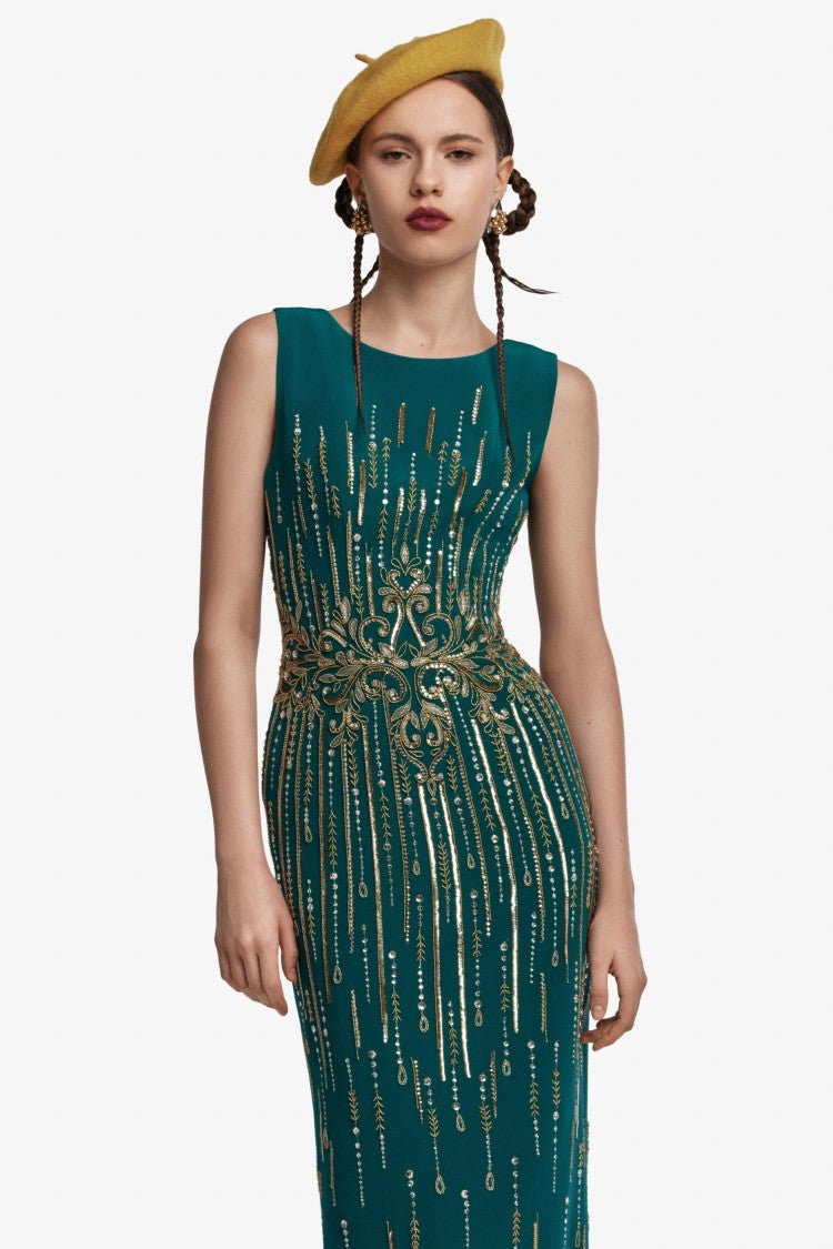 Long Crepe Beaded Dress