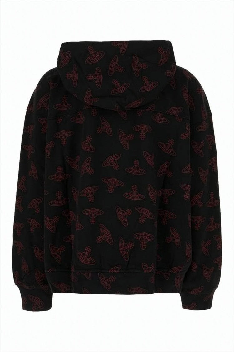 Distinctive Orb Motif Black Hoodie with Embroidered Emblem