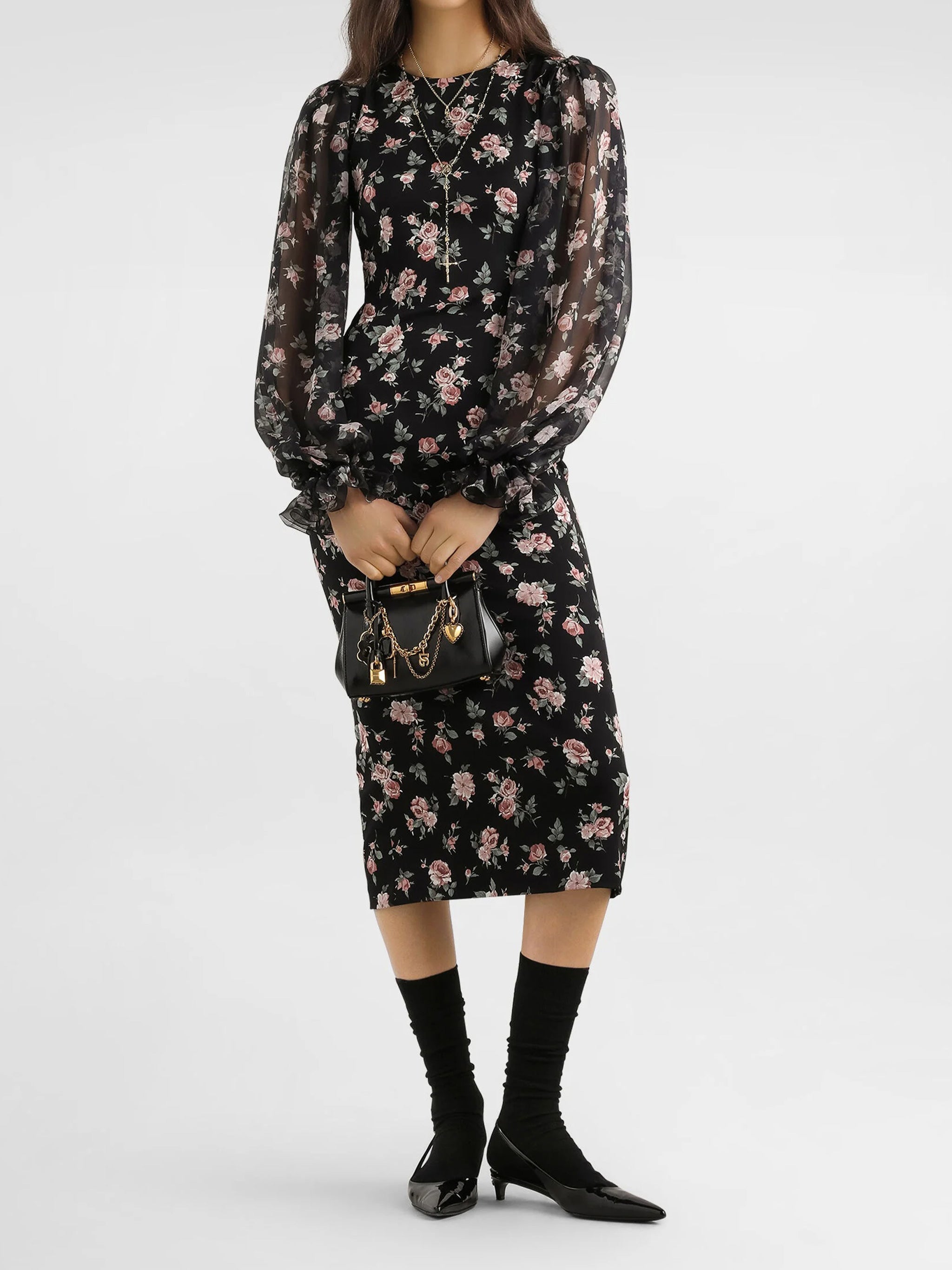 Fitted Midi Floral Print Silk Dress