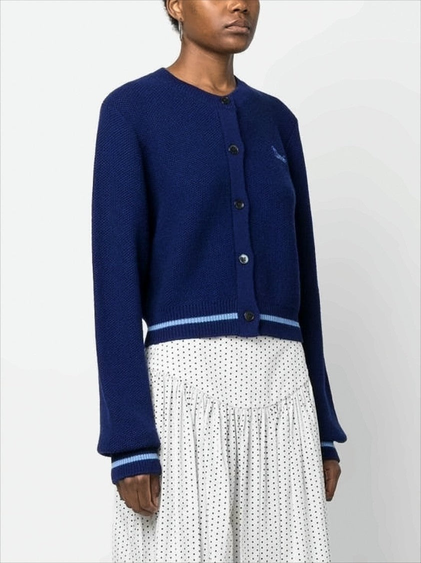 Cropped Deep Navy Cardigan with Textured Wool and Contrasting Stripes