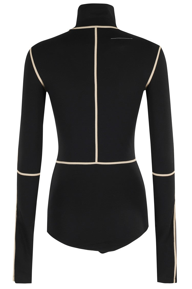 High Neck Bodysuit With Contrasting Beige Piping