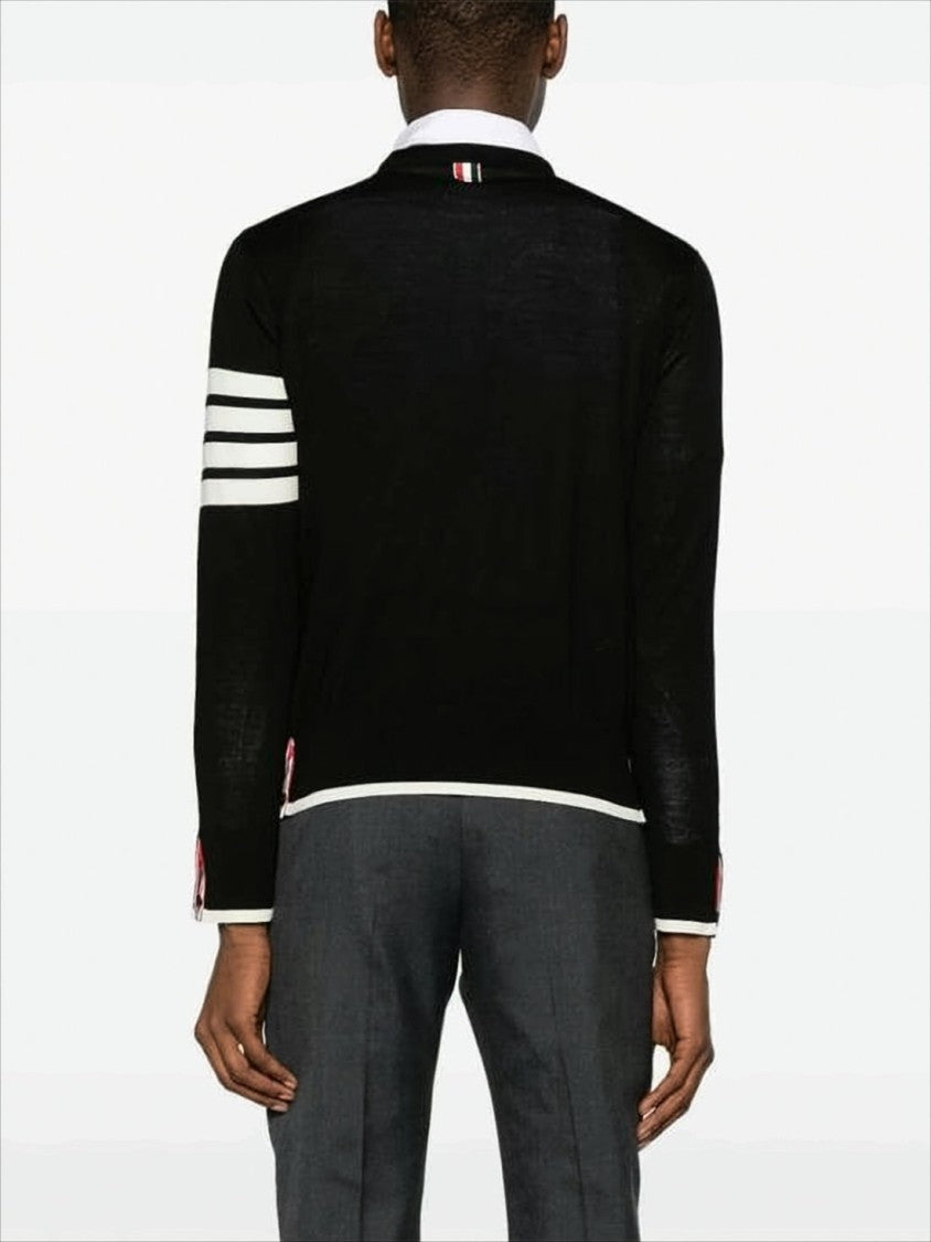 Crew Neck Black Wool Sweater with Signature Stripes and Buttoned Cuffs