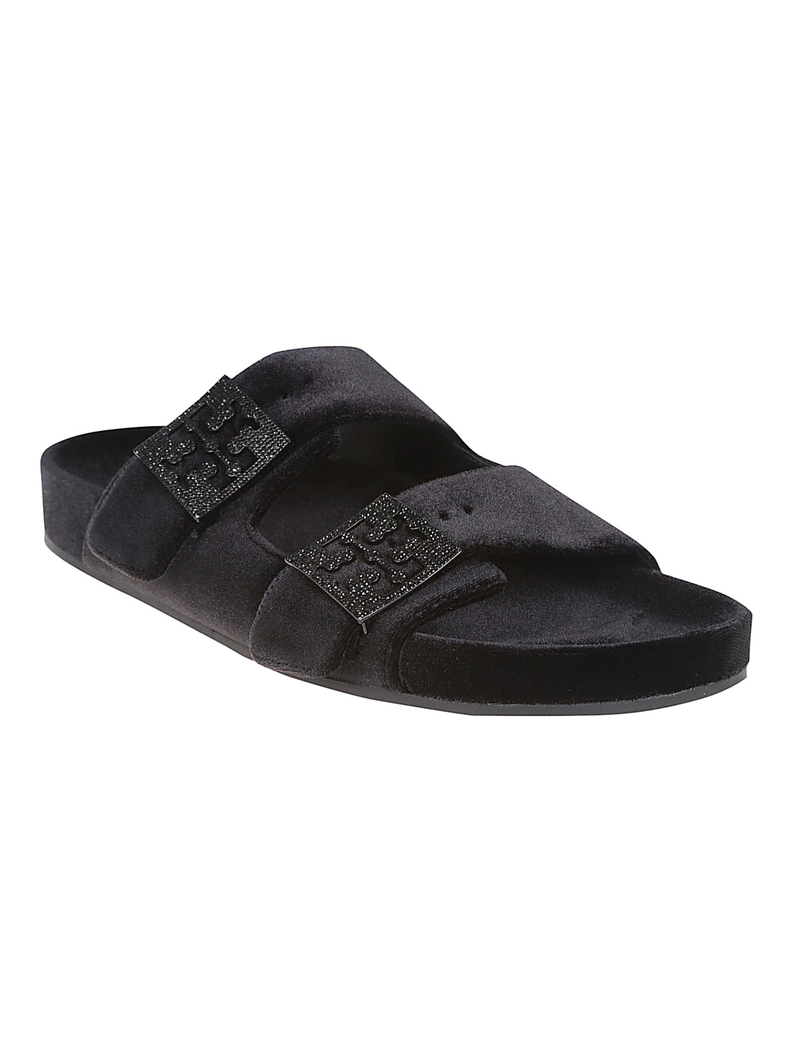 Black Velvet Two-Strap Sandals With Pave-Embellished Hardware