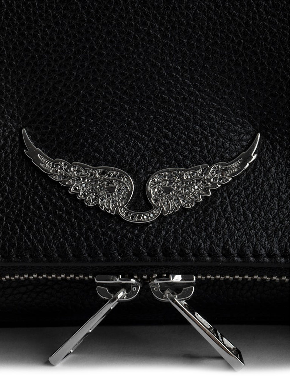 Textured Black Leather Clutch Bag with Winged Emblem