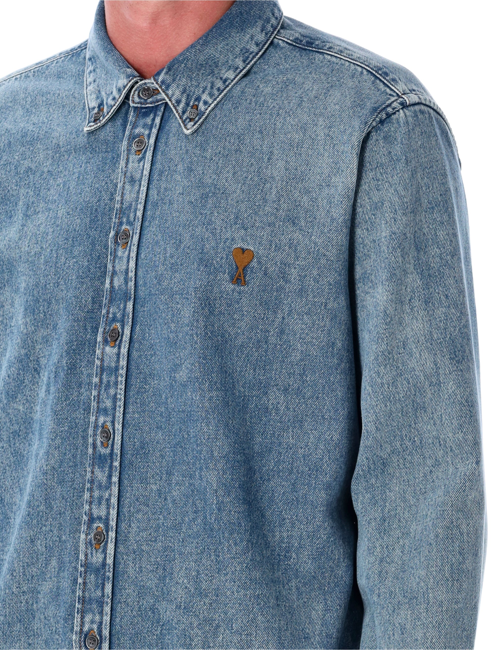 Classic Fit Stonewashed Denim Shirt with Embroidered Heart Detail