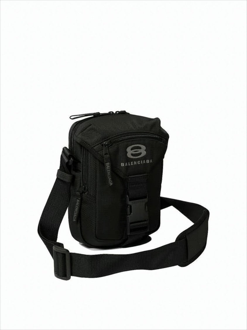 Textured Black Recycled Polyamide Shoulder Bag With Adjustable Strap And Multiple Compartments