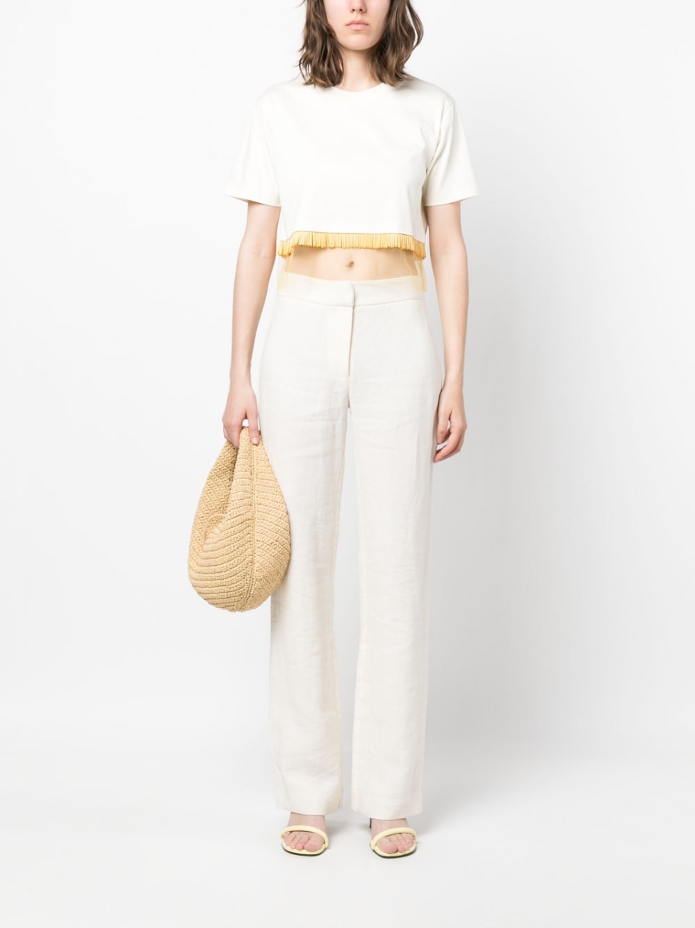Fringed Cropped T-Shirt with Tulle Inserts