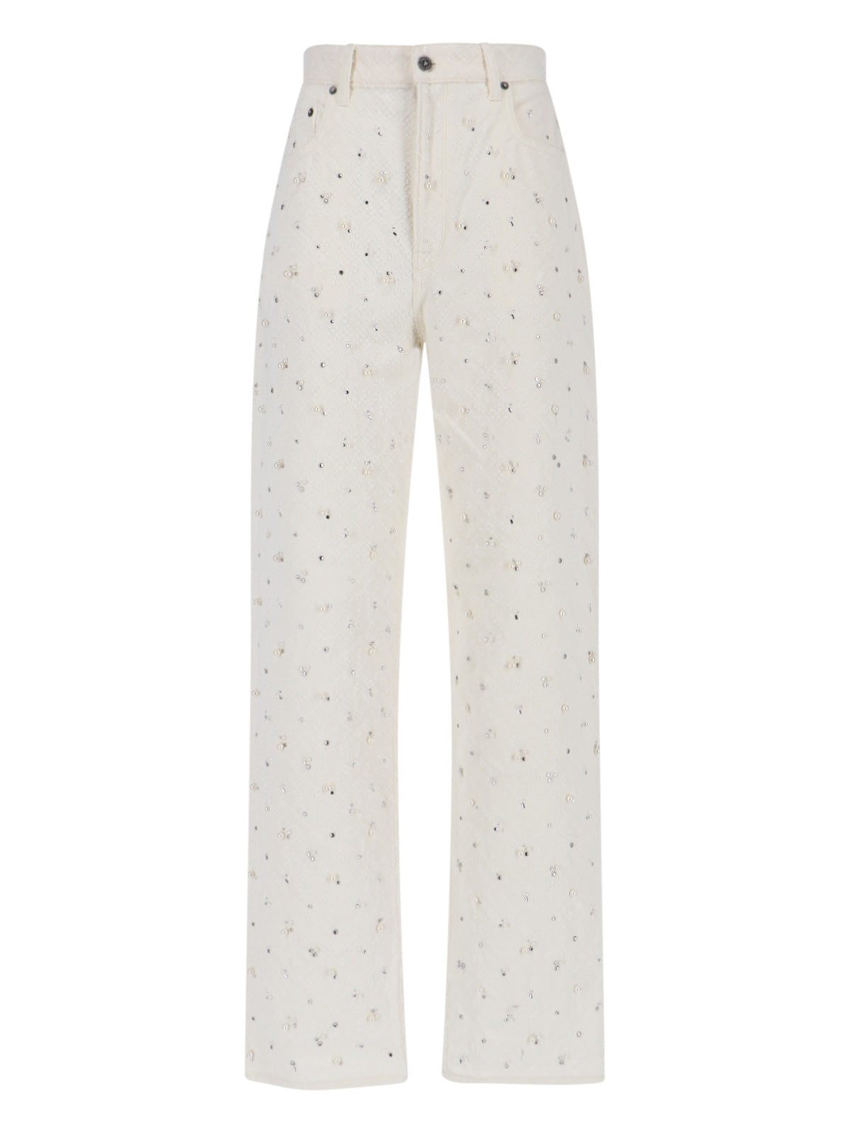 High-Waisted White Denim Jeans with Crystal Embellishments