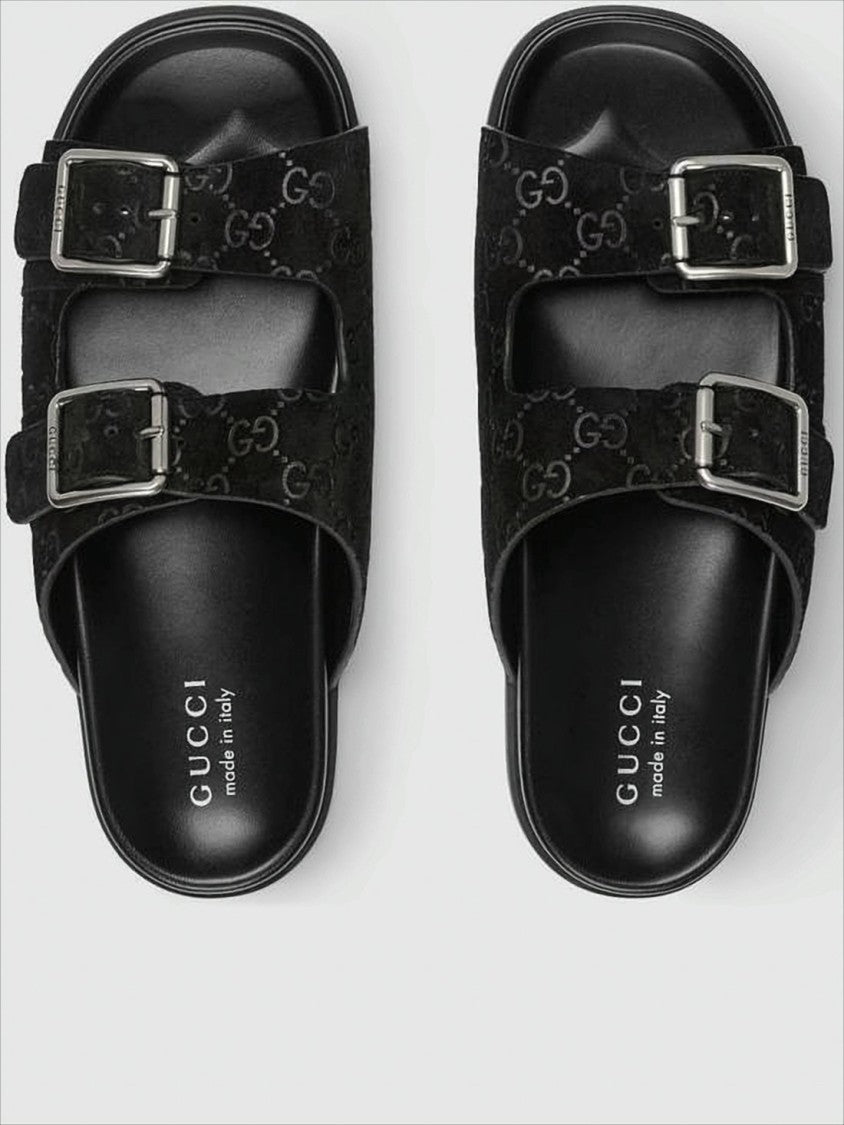 Monogram-Patterned Black Suede Sandals