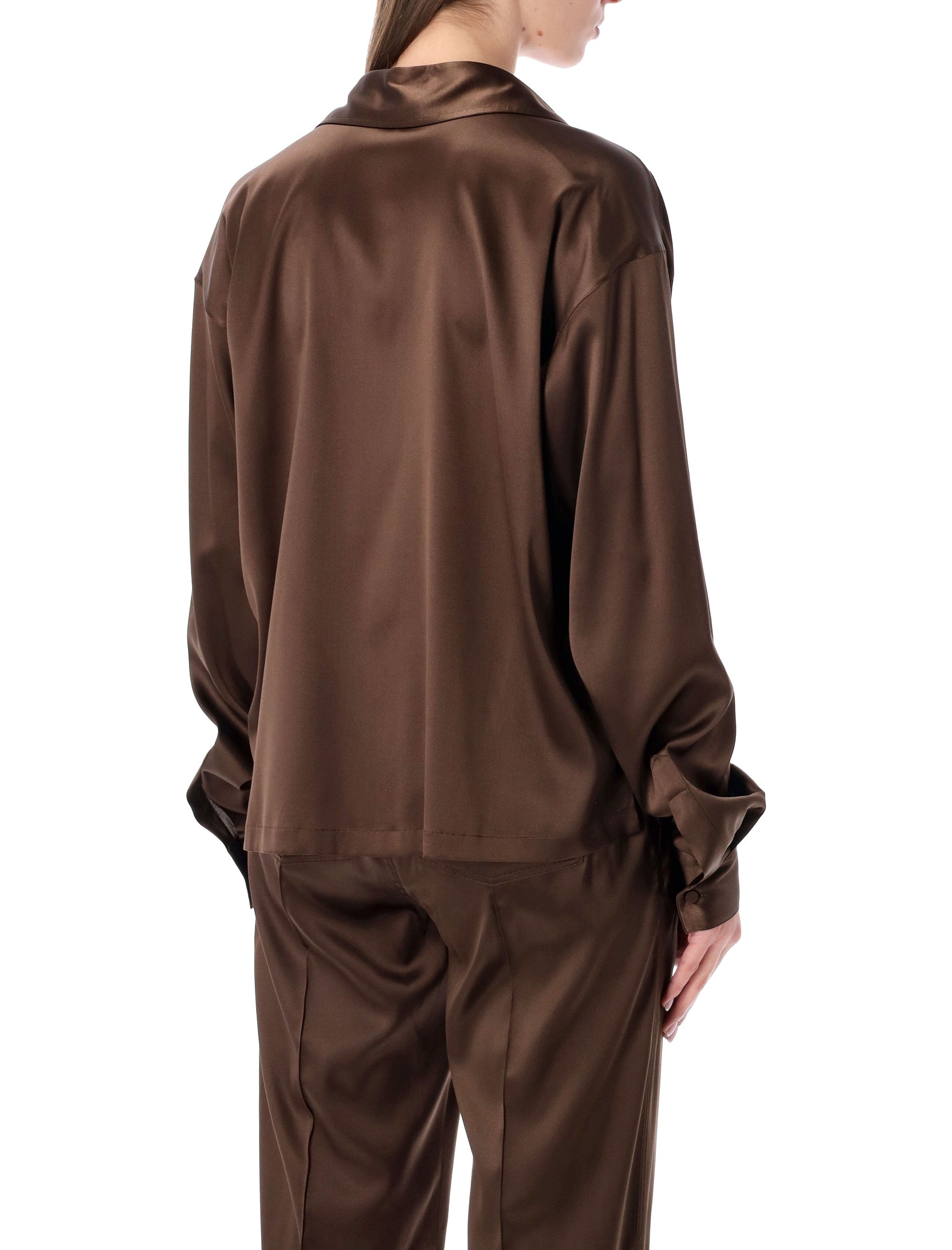 Cinnamon Silk Satin Long-Sleeved Polo With Tonal Logo