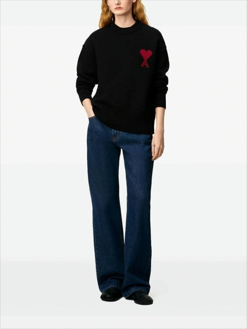 Relaxed Fit Black Wool Sweater With Heart Emblem