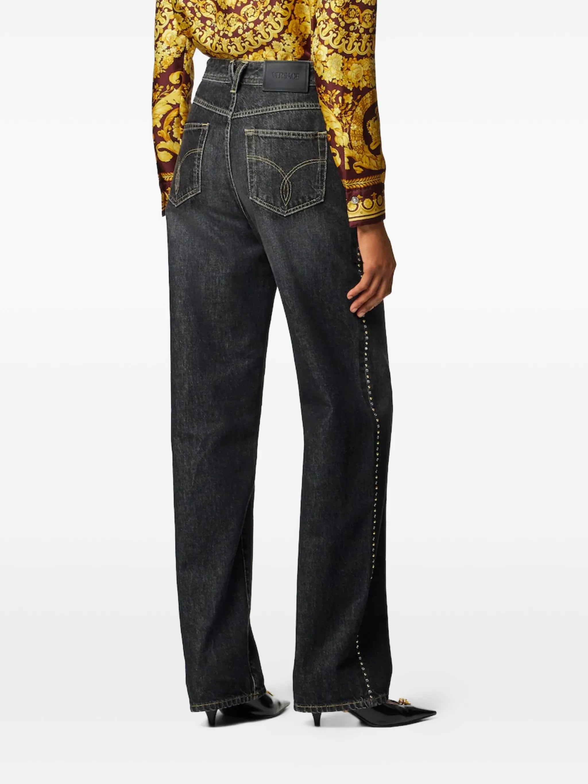 Dark Washed Wide-Leg Studded Denim Jeans