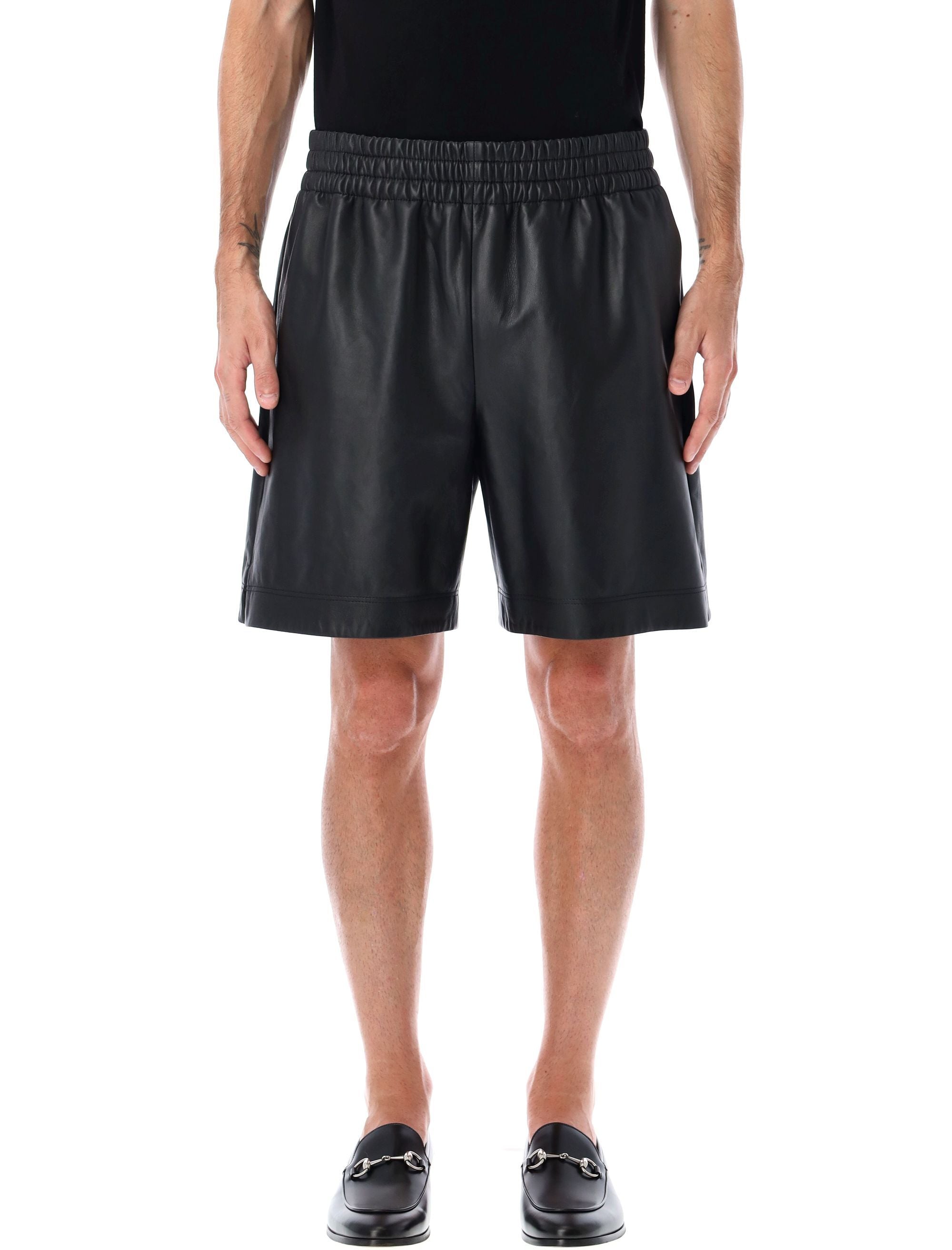 Black Leather Bermuda Shorts With Elasticated Waist