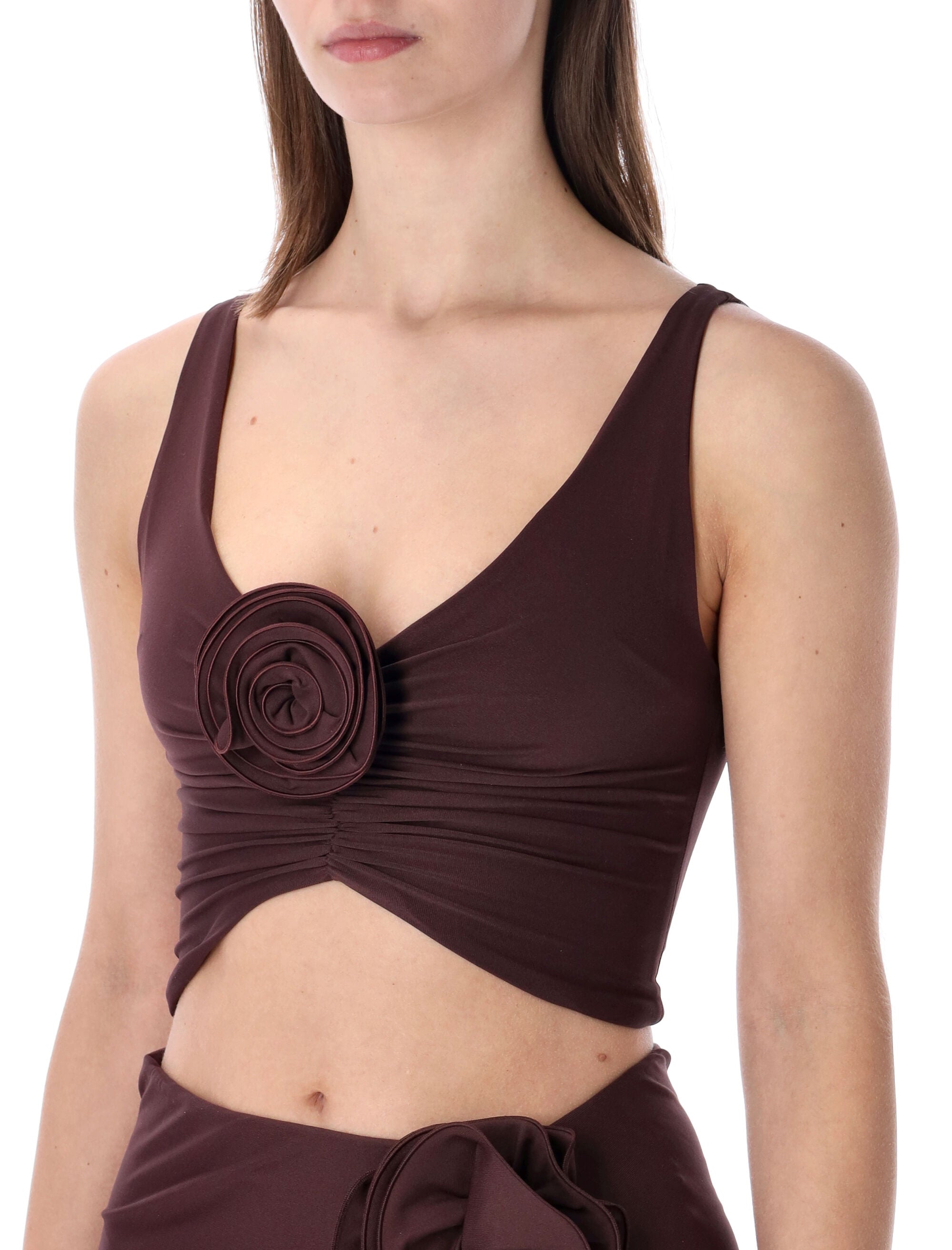 Slim-Fit Rosette Swim Top with Deep Neckline and Wide Straps