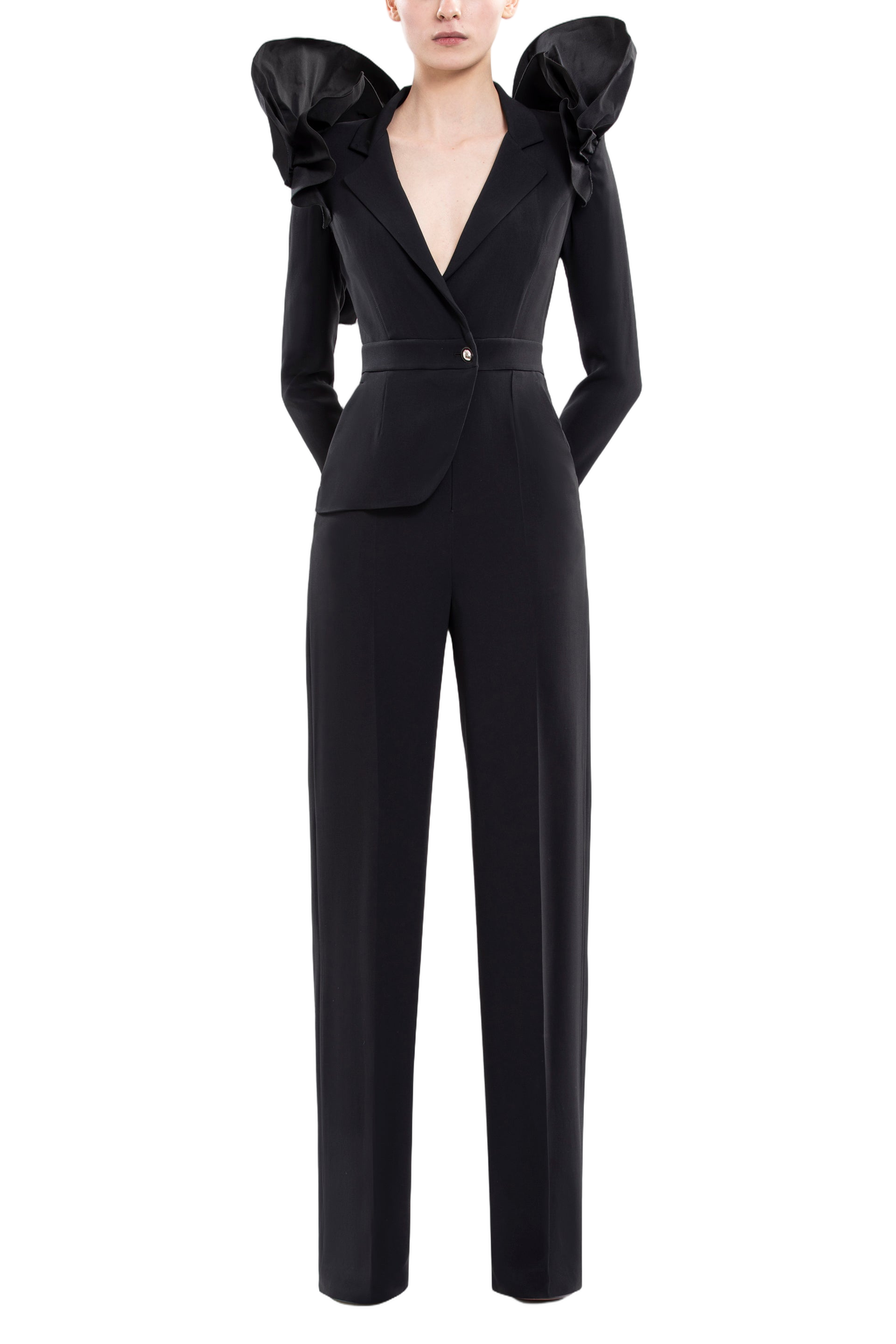 Asymmetrical Jet-Black Crepe Jumpsuit with Tailored Ruffles