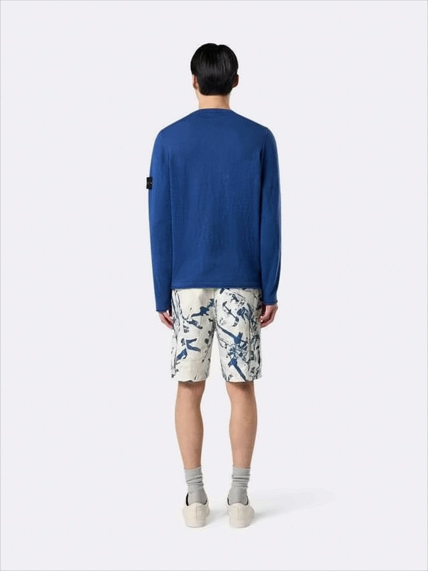 Crew Neck Blue Sweater With Unique Sleeve Logo