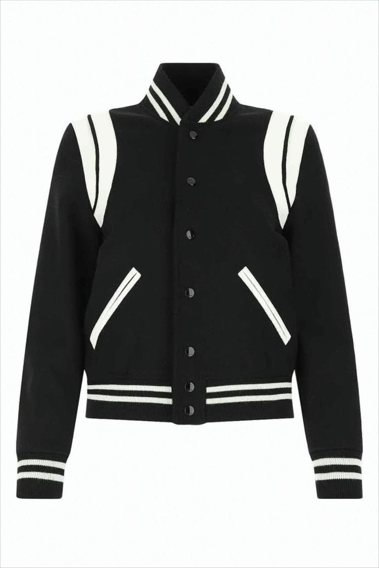 Cropped Varsity Jacket with White Striped Details
