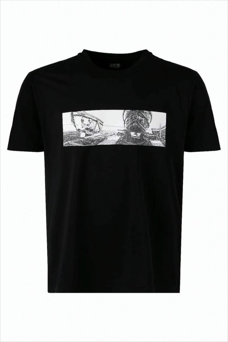 Monochrome Graphic Short-Sleeve T-Shirt with Handwritten Detail