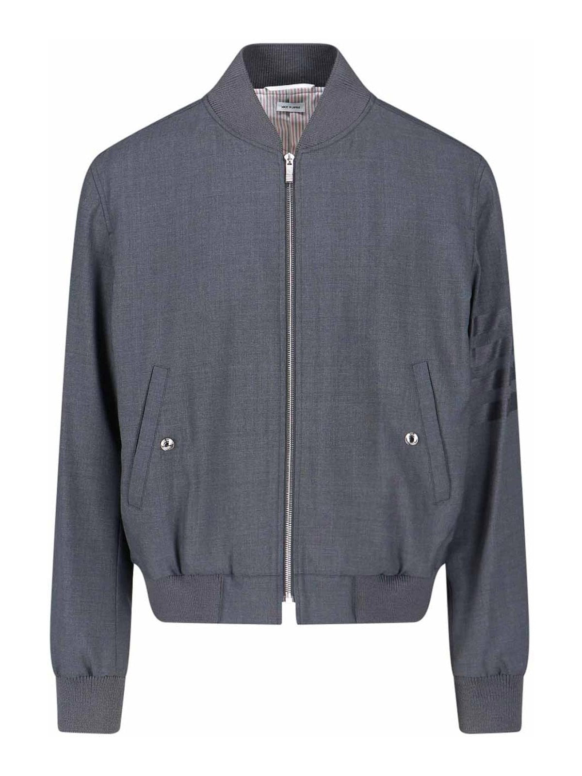 Structured Grey Wool Bomber Jacket with Ribbed Details