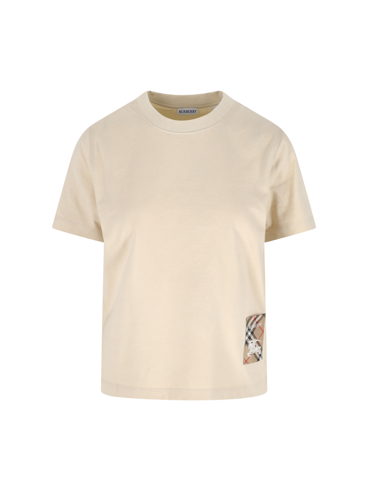 "Check" T-Shirt In Cream Cotton, Crew Neck