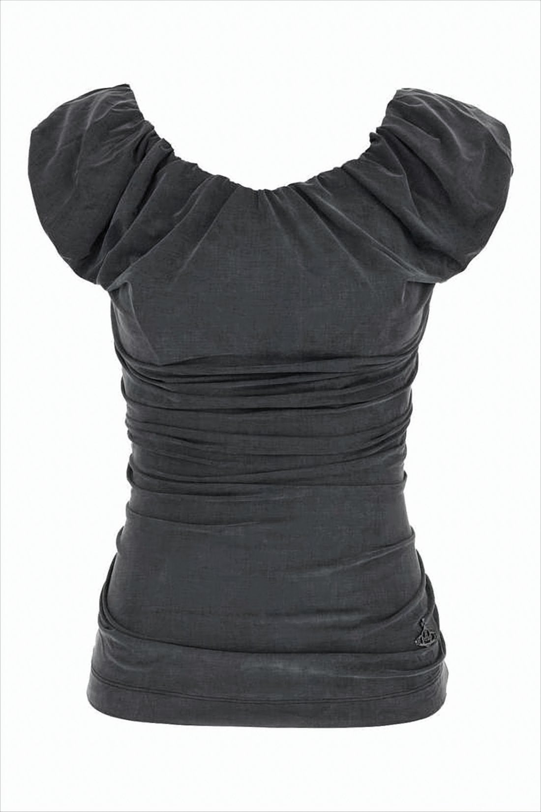 Ruched Black Sleeveless Top with Puffed Shoulders