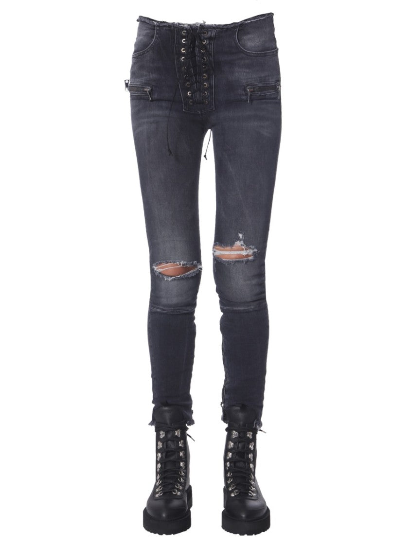 Distressed Black Lace-Up Skinny Fit Jeans
