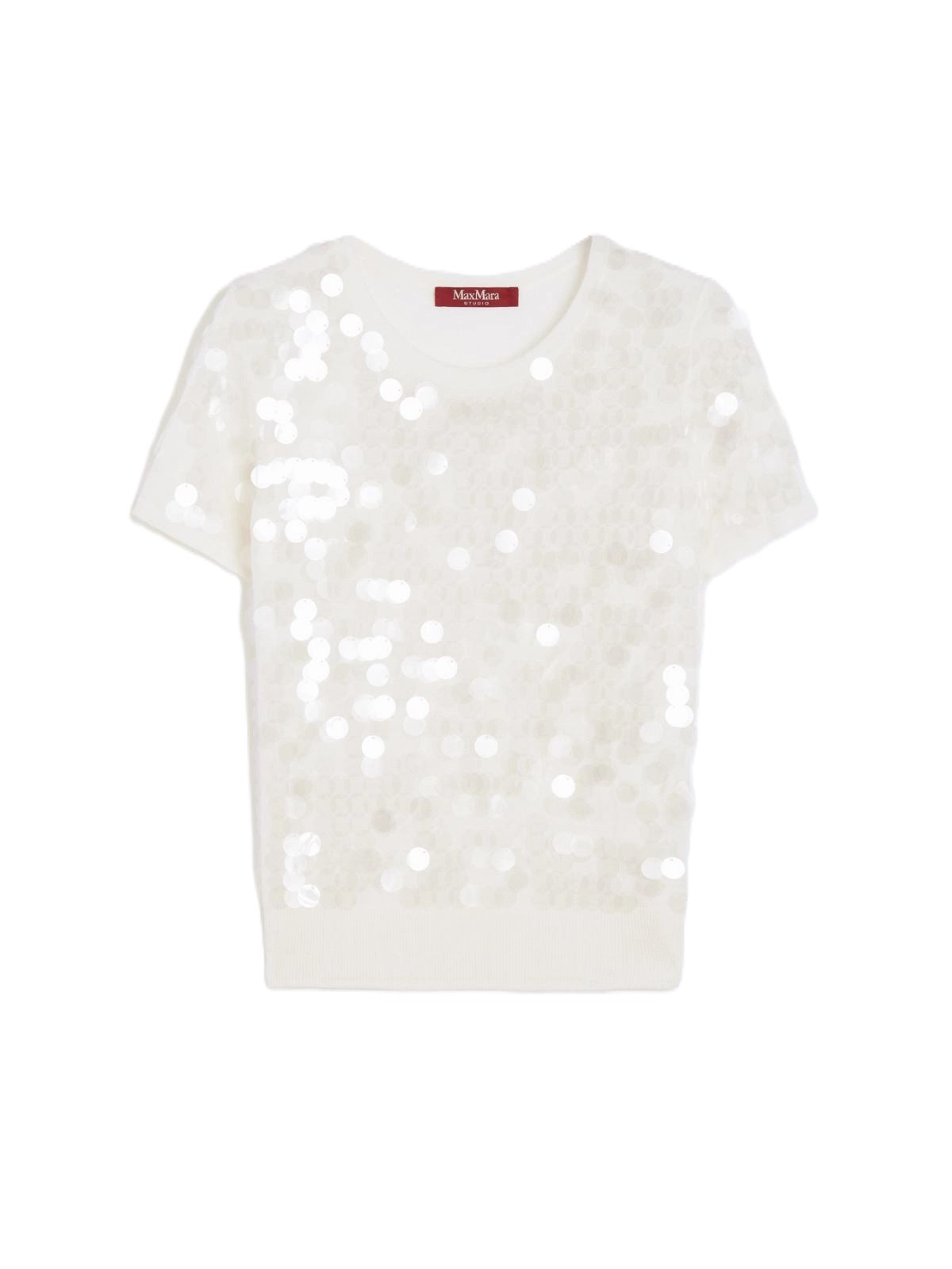 Ivory Short-Sleeved Knit Top With Sequined Accents
