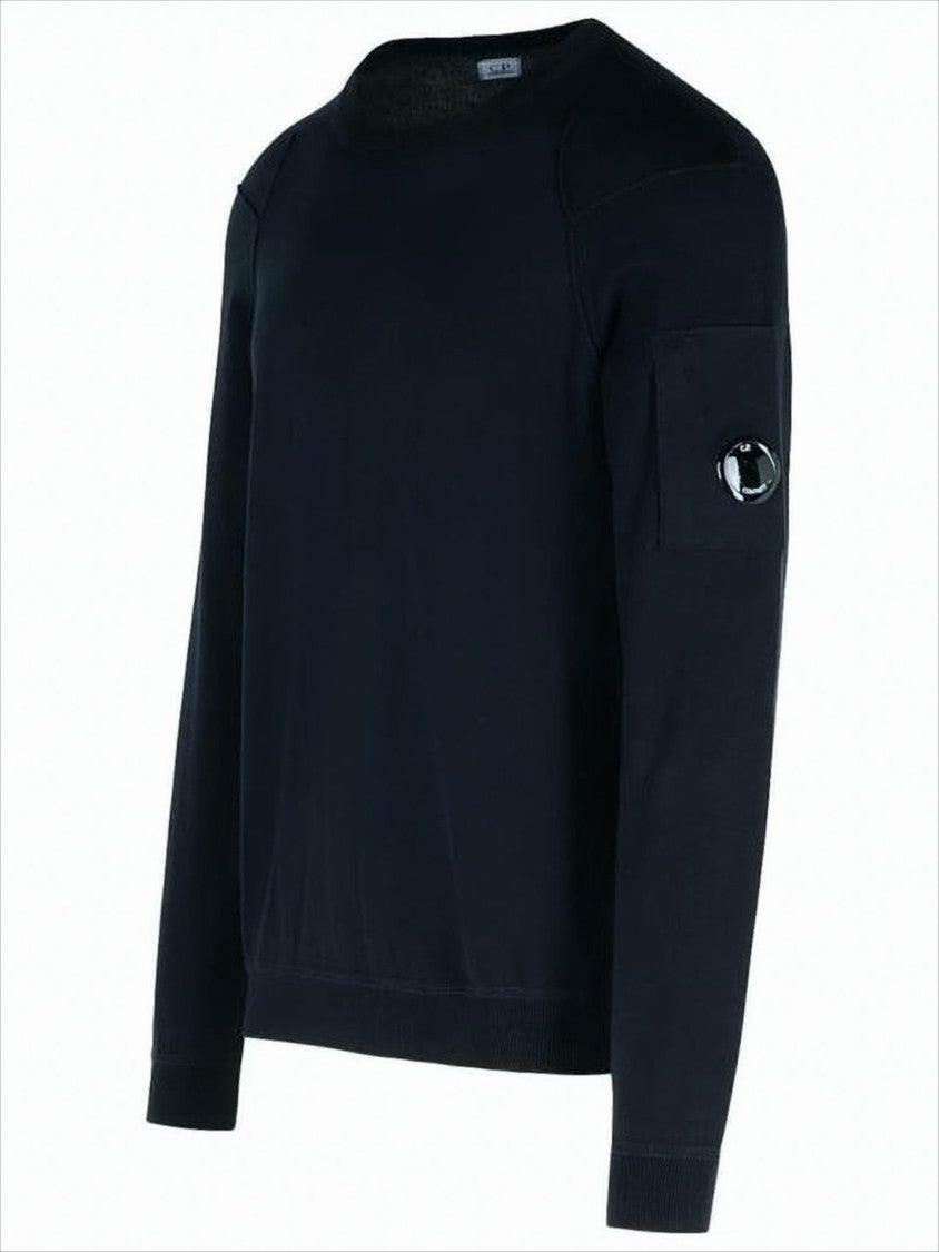 Crewneck Black Cotton Sweater with Distinctive Patch Pocket