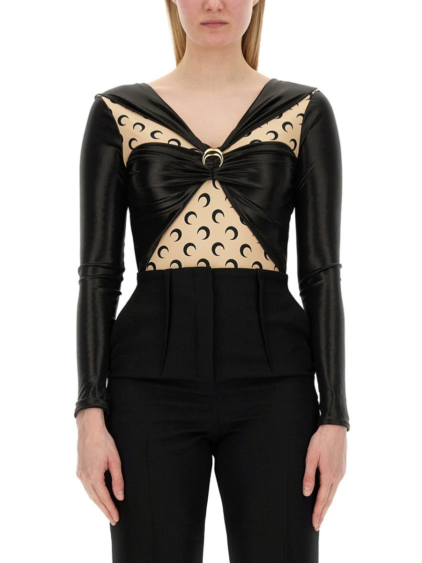 Draped Bodysuit With Glossy Black Fabric