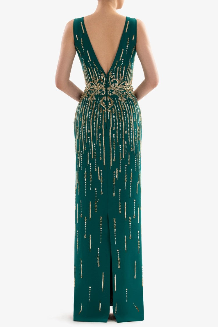 Long Crepe Beaded Dress