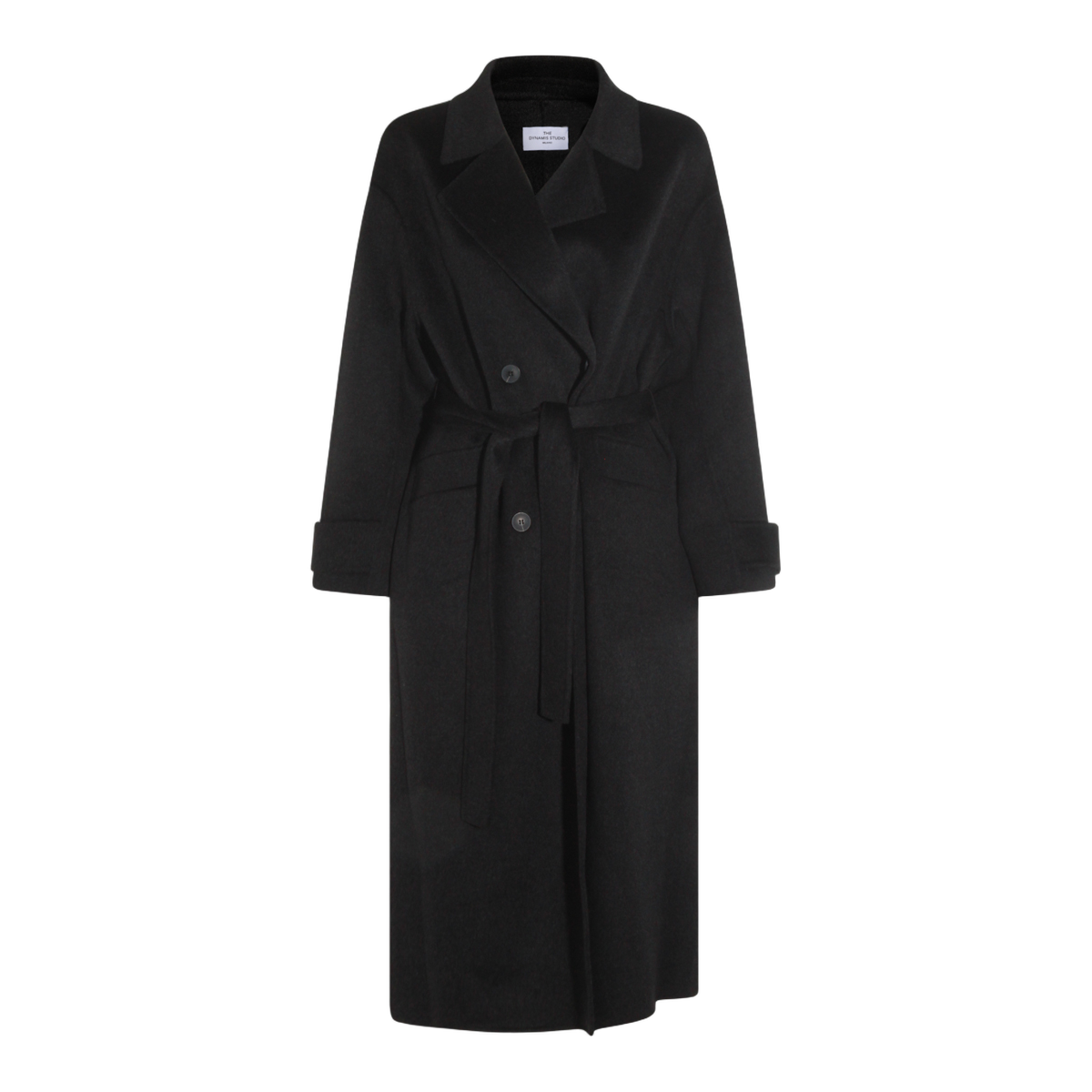 Double-Breasted Black Coat with Fabric Belt