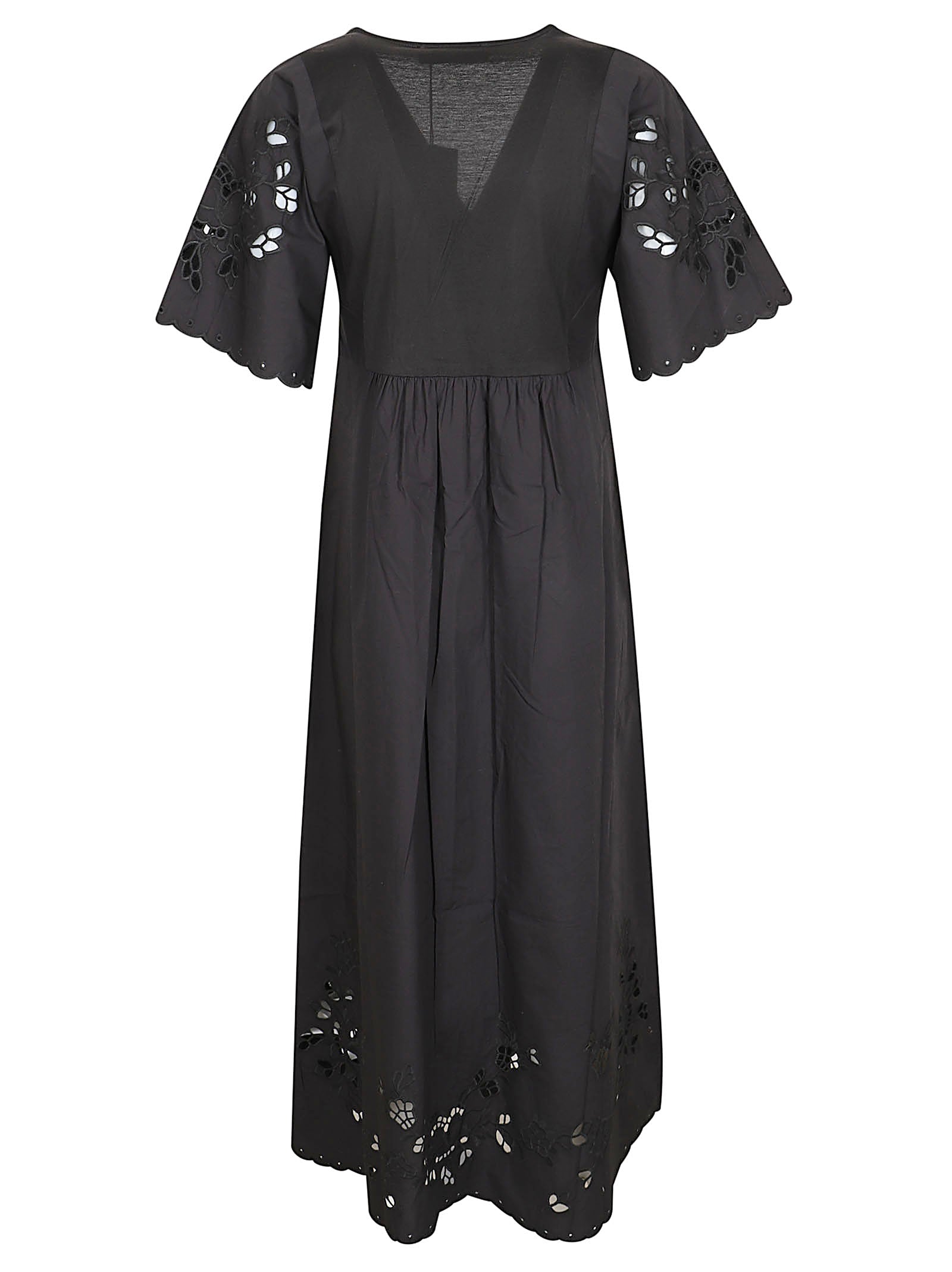 V-Neck Dress with Scalloped Sleeves and Floral Embroidery