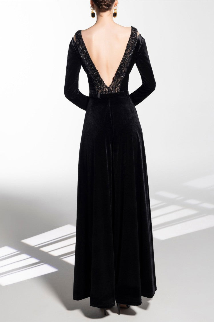 Velvet Flared Jumpsuit With A Beaded Top